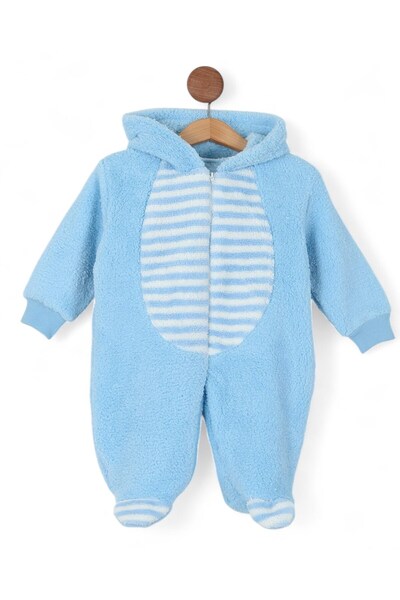 VOY KİDS 6-9 Months Hooded Rabbit-Themed Zippered Welsoft Winter Thick Jumpsuit with Ear Detail