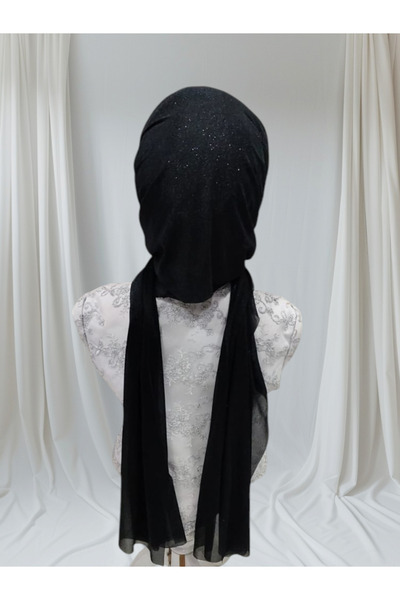 Nuray hazır duvak Black Glitter Dimple Style Single-Piece Ready-Made Shawl Ready-Made Turban Ready-Made Veil