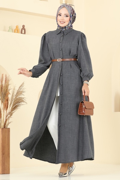 ModaMerve Beli Belt Detailed Sofia Dress 3159Hbs856-Ms Anthracite