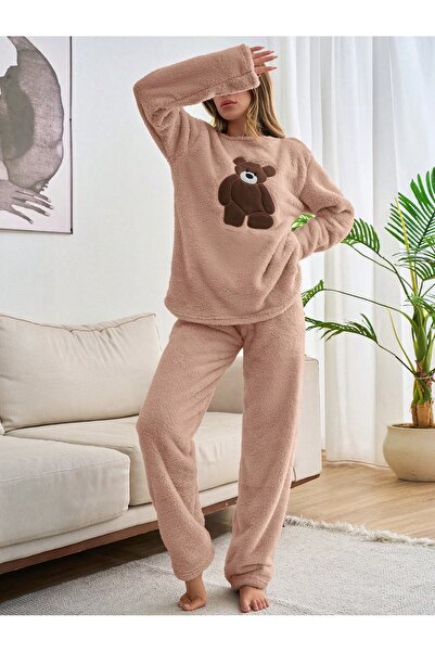 STEEL Rahat Kalıp Ayıcık Aplike Detaylı Uzun Kollu Peluş Polar Pijama Takımı