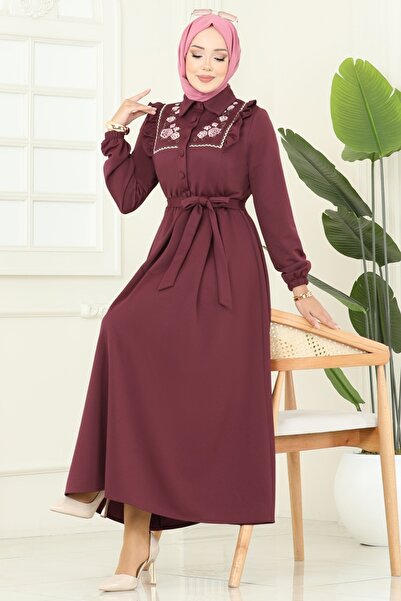ModaMerve Floral Embroidered Dabıl Dress 2725Sl432-Ms Burgundy