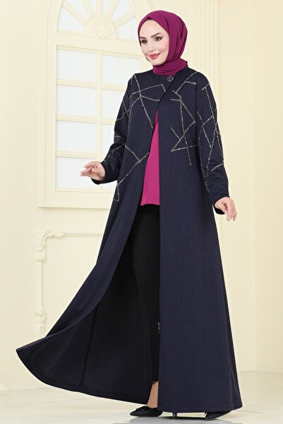 ModaMerve Stone Detailed Stylish Overcoat Ferace 2263Edm718-Ms Navy Blue