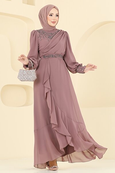ModaMerve Eteği Fırfırlı Taşlı Abiye 8088AB368-MS Pudra Vizyon