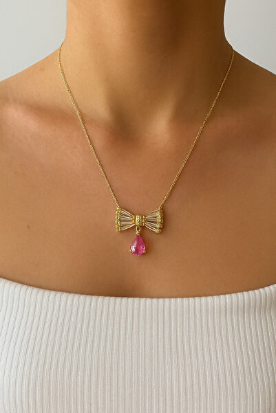 MODA MANANI Gold Color Chain Pink End Dangle Bow Necklace
