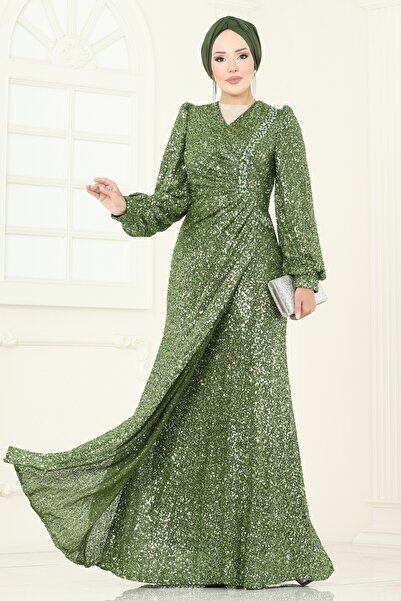 ModaMerve SUAL Önü Drape Detaylı Abiye 5238D170-MS Haki