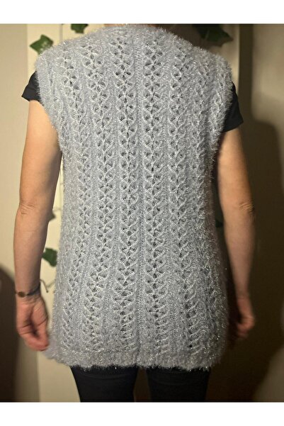 Mako Silver Gray Heart Braided Glittery V-Neck Lace-Up Women's Dowry Dress Regular Fit Dowry Dress