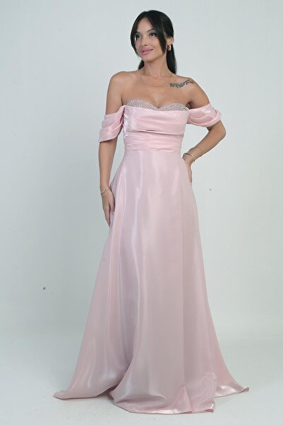 By Saygı Women's Shiny Stone Detailed Strapless Low Sleeves Organza Long Dress