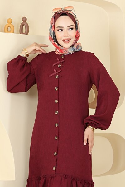 ModaMerve Kurdela Detaylı Sofia Elbise 4115PM271-MS Bordo