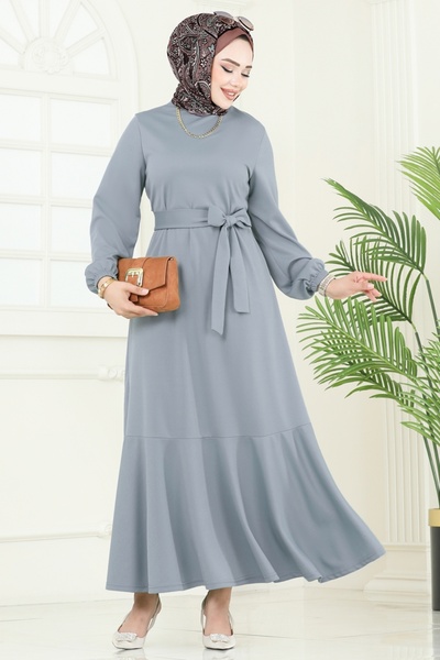 ModaMerve Mira Dress with Belt 23028Ukb139-Ms Gray