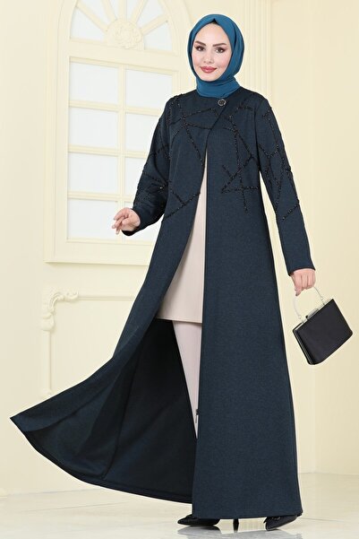 ModaMerve Stone Detailed Stylish Overcoat Ferace 2263Edm718-Ms Petrol