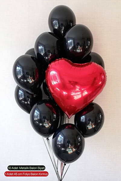 SkyPop 10 Metallic Balloons Black and 1 Piece 45 cm Heart Foil Balloon Red, Special Day.