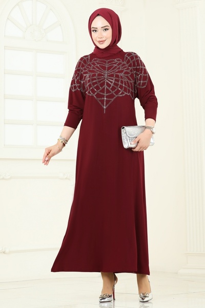 ModaMerve Stone Detail Sandy Dress 3402Uz662-Ms Burgundy