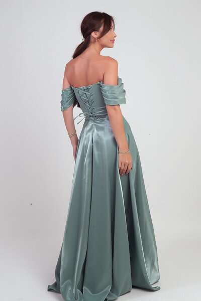 By Saygı Women's Shiny Stone Detailed Strapless Low Sleeves Organza Long Dress