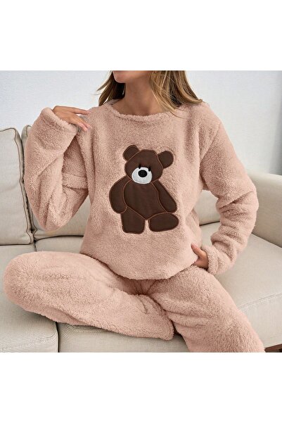 STEEL Rahat Kalıp Ayıcık Aplike Detaylı Uzun Kollu Peluş Polar Pijama Takımı