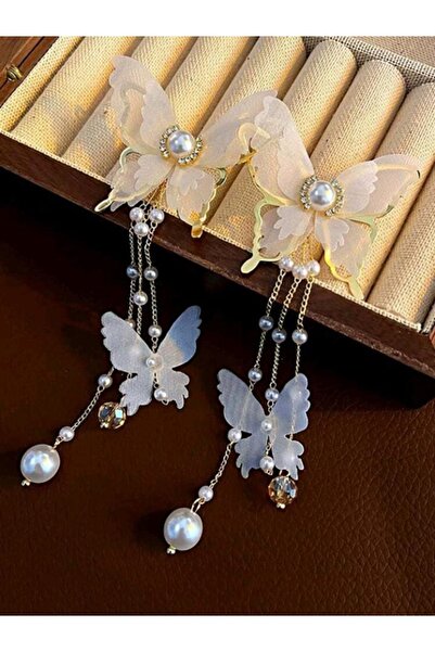 Shisa Jewel Uzun püsküllü beyaz kelebek küpeler,Kadınlar için. (A52)