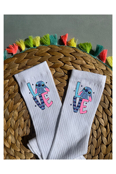 Tubinyoo Beyaz Renkli Stitch Love Baskılı Dizaltı Okul Çorabı