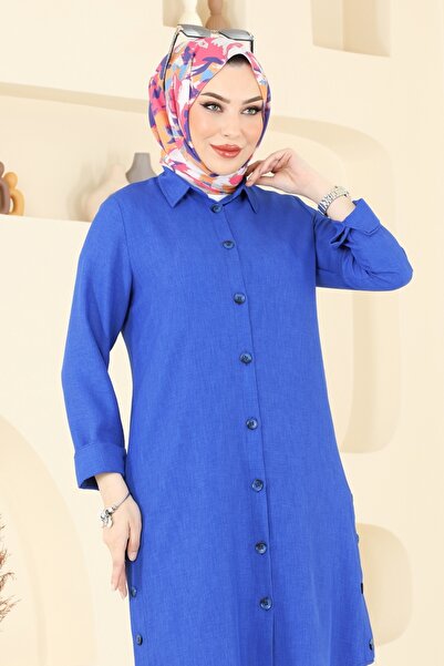 ModaMerve Yırtmaç Düğmeli Tunik 3047KTR750-MS Saks