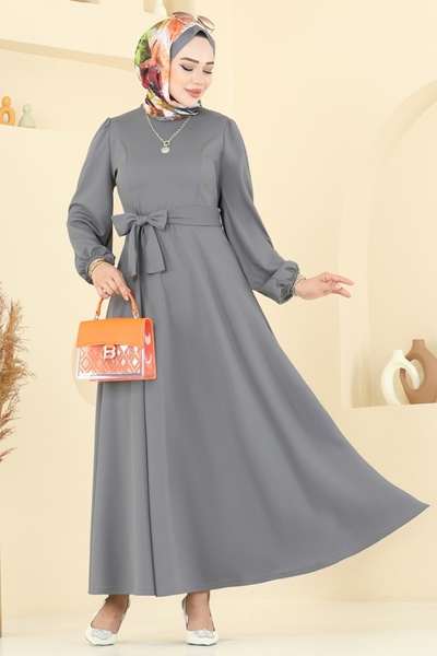 ModaMerve Beli Belted Dress 25029Ukb139-Ms Gray