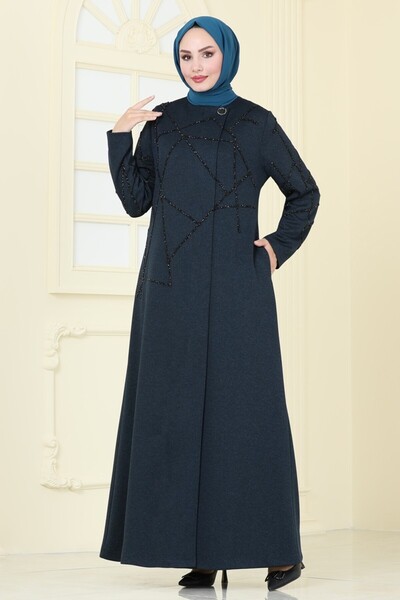 ModaMerve Stone Detailed Stylish Overcoat Ferace 2263Edm718-Ms Petrol