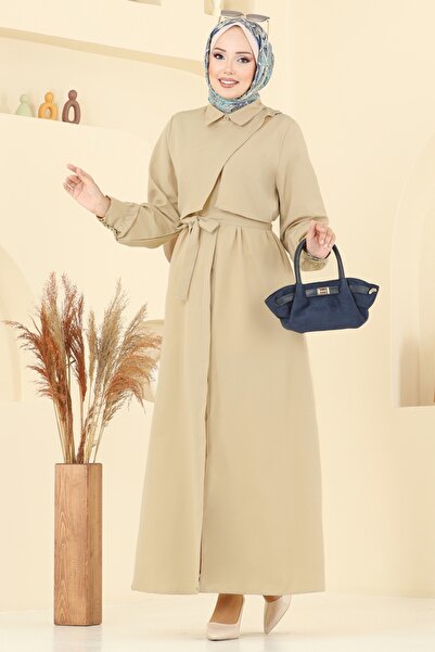 ModaMerve Beli Kuşaklı Elbise Ferace 7020UZ662-MS Vizyon