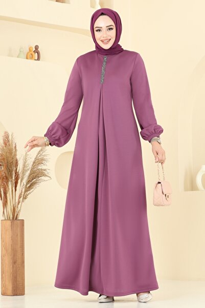 ModaMerve A Pileli Mira Elbise ASM2824-MS Koyu Gül Kurusu