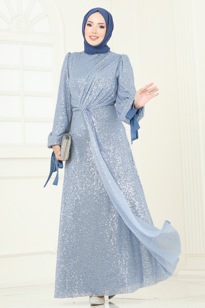 ModaMerve Manşeti Bağcıklı Simli Abiye 5701EDF311-MS Bebe Mavisi