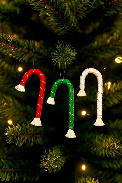 MACROMEKİDS Set de 3 ornamente pentru brad de Crăciun din macrame realizate m...
