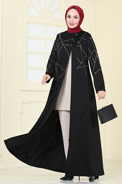 ModaMerve Stone Detailed Stylish Overcoat Ferace 2263Edm718-Ms Black