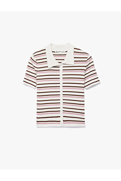 Koton Πλεκτή μπλούζα με κοντό μανίκι με ριγέ κουμπιά με λαιμόκοψη πόλο