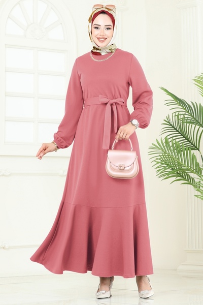 ModaMerve Mira Dress with Belt 23028Ukb139-Ms Dusty Rose
