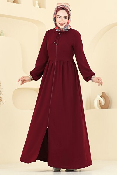 ModaMerve Yakası Bağcıklı Krep Ferace 0050BG354-MS Bordo