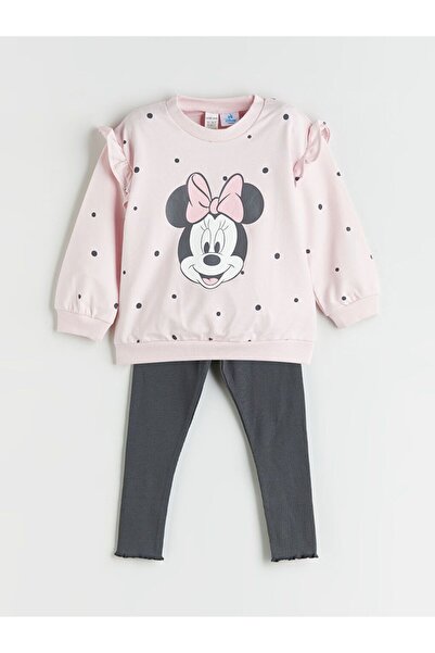 LC Waikiki LCW baby Bisiklet Yaka Minnie Mouse Baskılı Kız Bebek Sweatshirt ve Tayt 2'li