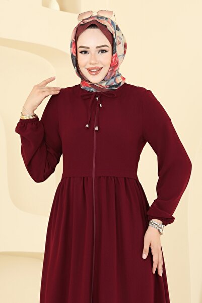 ModaMerve Yakası Bağcıklı Krep Ferace 0050BG354-MS Bordo