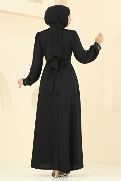 ModaMerve Kemeri Taşlı Krep Elbise 23030UKB139-MS Siyah