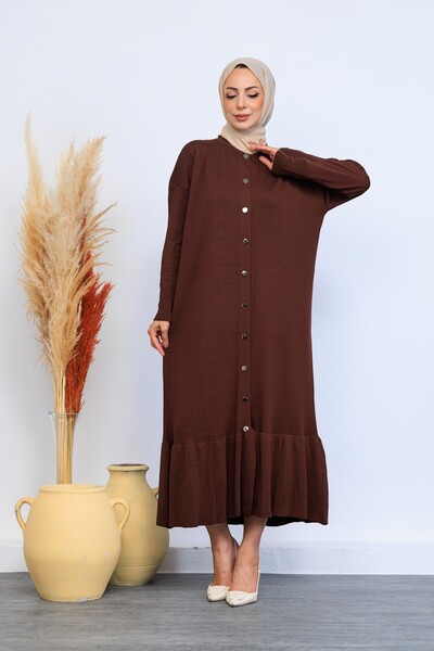 Eliva Women's Brown Sleeve Buttoned Winter Knitwear Dress Hijab Cardigan