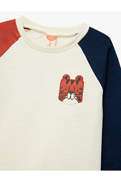 Koton Tricou cu mânecă lungă pentru băieți, din bumbac, brodat, ecru, color block 6Wmb10102Tk