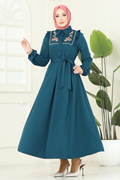 ModaMerve Çiçek Nakışlı Dabıl Elbise 2725SL432-MS Petrol
