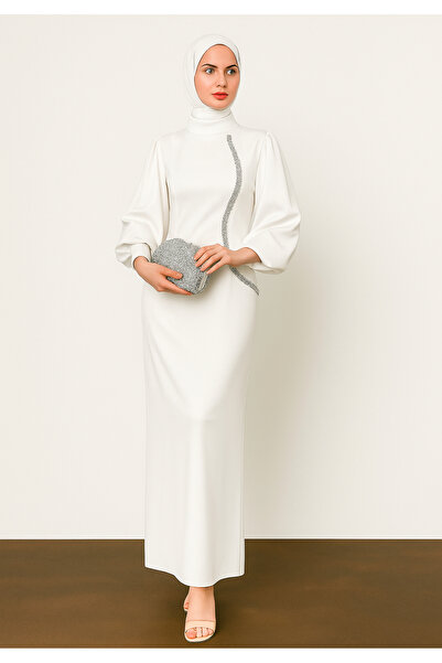 BestShopping فستان سهرة أبيض مزين بالأحجار على الخصر