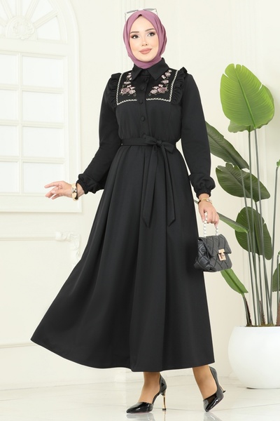 ModaMerve Floral Embroidered Dabıl Dress 2725Sl432-Ms Black