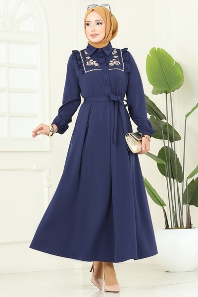 ModaMerve Floral Embroidered Dabıl Dress 2725Sl432-Ms Navy