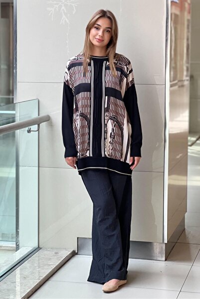 Ghisa Triko Detaylı Şal Desenli Saten Tunik