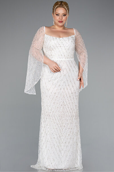 Abiyefon Ekru Kare Yaka Uzun Kol Boncuklu Büyük Beden Abiye ABU4640