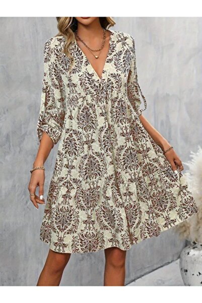 JANES Дамска рокля с дълъг ръкав, V-образно деколте и набори Suprem