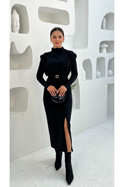 Nida Boutique Φόρεμα με μακρύ μανίκι άνοιγμα πλεκτό κρεπ