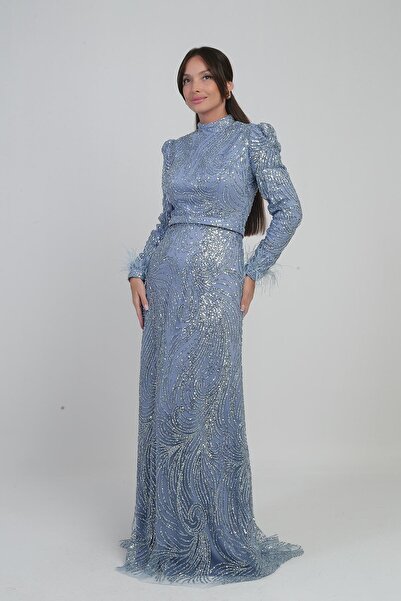 By Saygı Women's Long Dress with Feather Sleeves, Beaded and Sequined Lining, Tulle