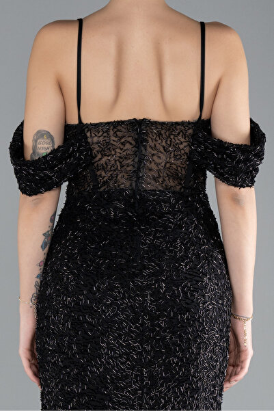 Abiyefon Siyah Bacak Ve Omuz Dekolteli Uzun Boncuklu Abiye ABU4394