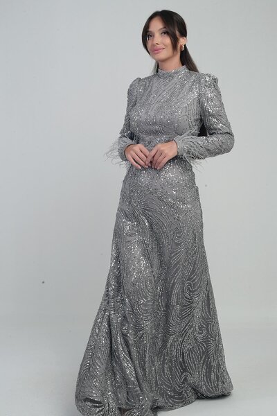 By Saygı Women's Long Dress with Feather Sleeves, Beaded and Sequined Lining, Tulle
