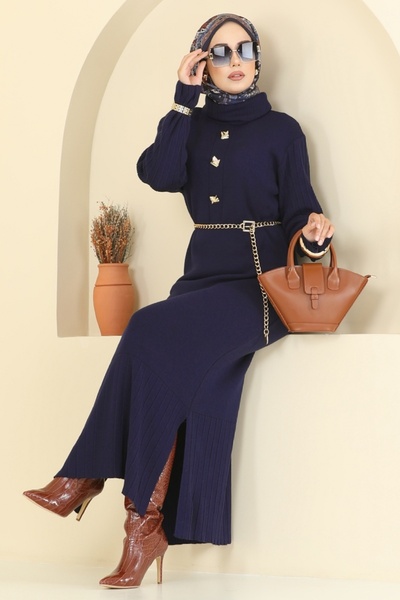 ModaMerve Accessory Buttoned Knitwear Dress 8362Kl398-Ms Navy