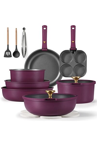 CAROTE مجموعة من 19 قطعة من الأواني والمقالي، مجموعة أواني طهي غير لاصقة بمقبض قابل للفصل، آمنة للاستخدام في غسالة الأطباق/الفرن/الثلاجة