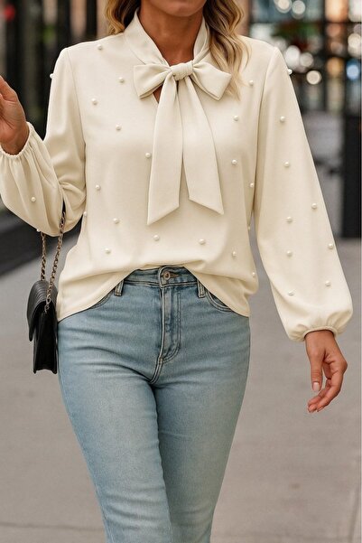 Moda Ebrar Жіноча блузка з довгими рукавами, коміром з бантиком і перлами, імпортна крепова тканина